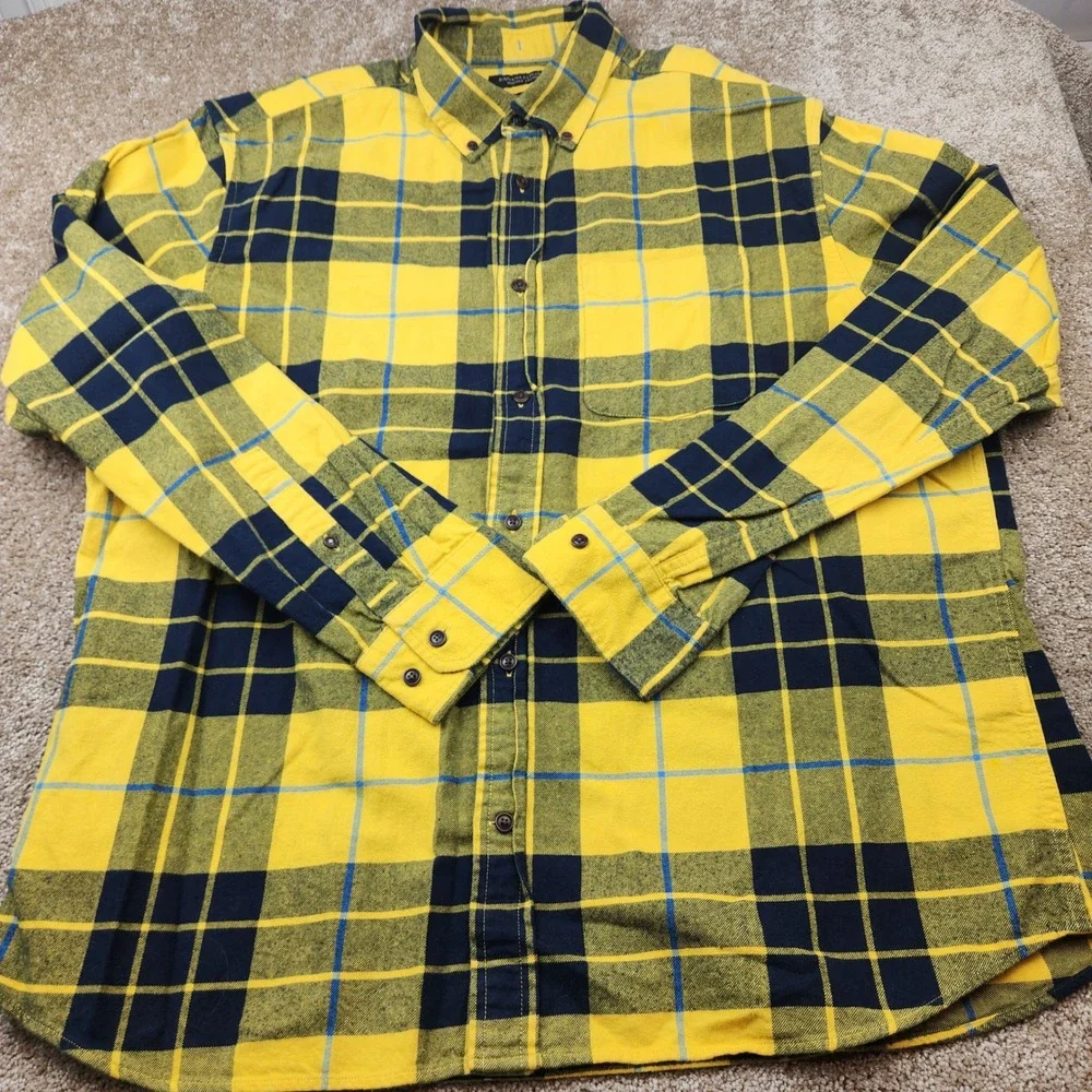Banana Republic Mens XL Yellow Navy Plaid Flannel Organic Cotton Untucked Shirt